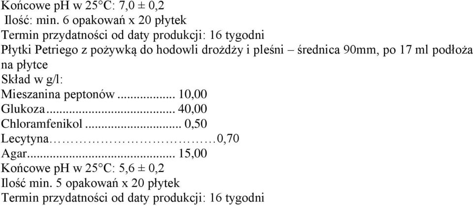 hodowli drożdży i pleśni średnica 90mm, po 17 ml podłoża na płytce Skład w g/l: Mieszanina peptonów.
