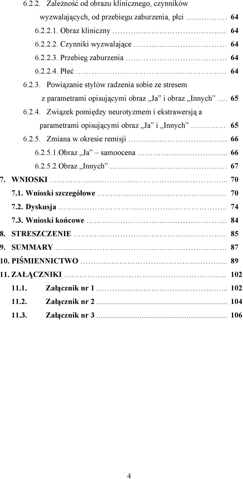 . 65 6.2.5. Zmiana w okresie remisji... 66 6.2.5.1.Obraz Ja samoocena.. 66 6.2.5.2.Obraz Innych 67 7. WNIOSKI... 70 7.1. Wnioski szczegółowe.. 70 7.2. Dyskusja.. 74 7.3. Wnioski końcowe 84 8.
