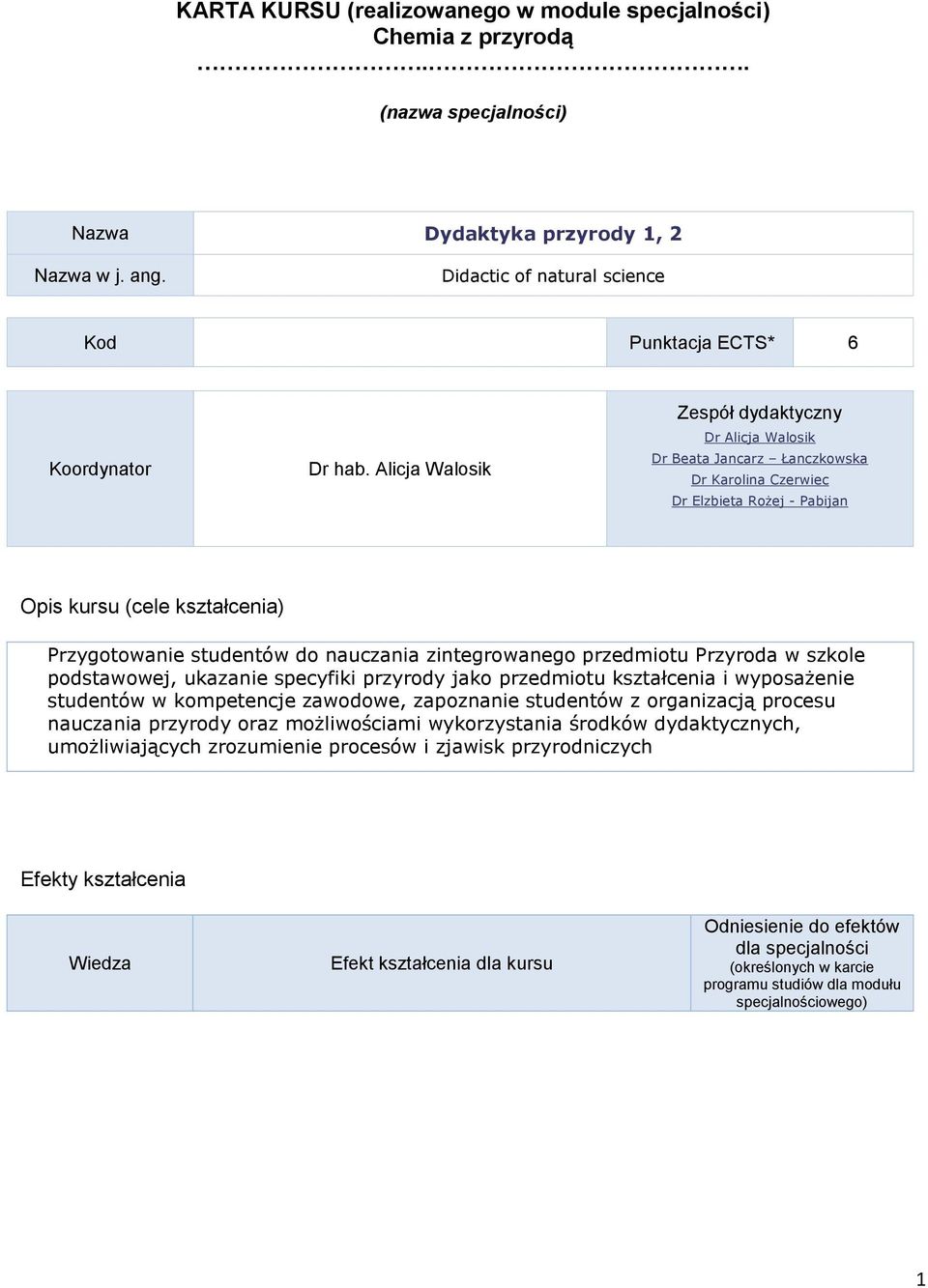 Alicja Walosik Zespół dydaktyczny Dr Alicja Walosik Dr Beata Jancarz Łanczkowska Dr Karolina Czerwiec Dr Elzbieta Rożej - Pabijan Opis kursu (cele kształcenia) Przygotowanie studentów do nauczania