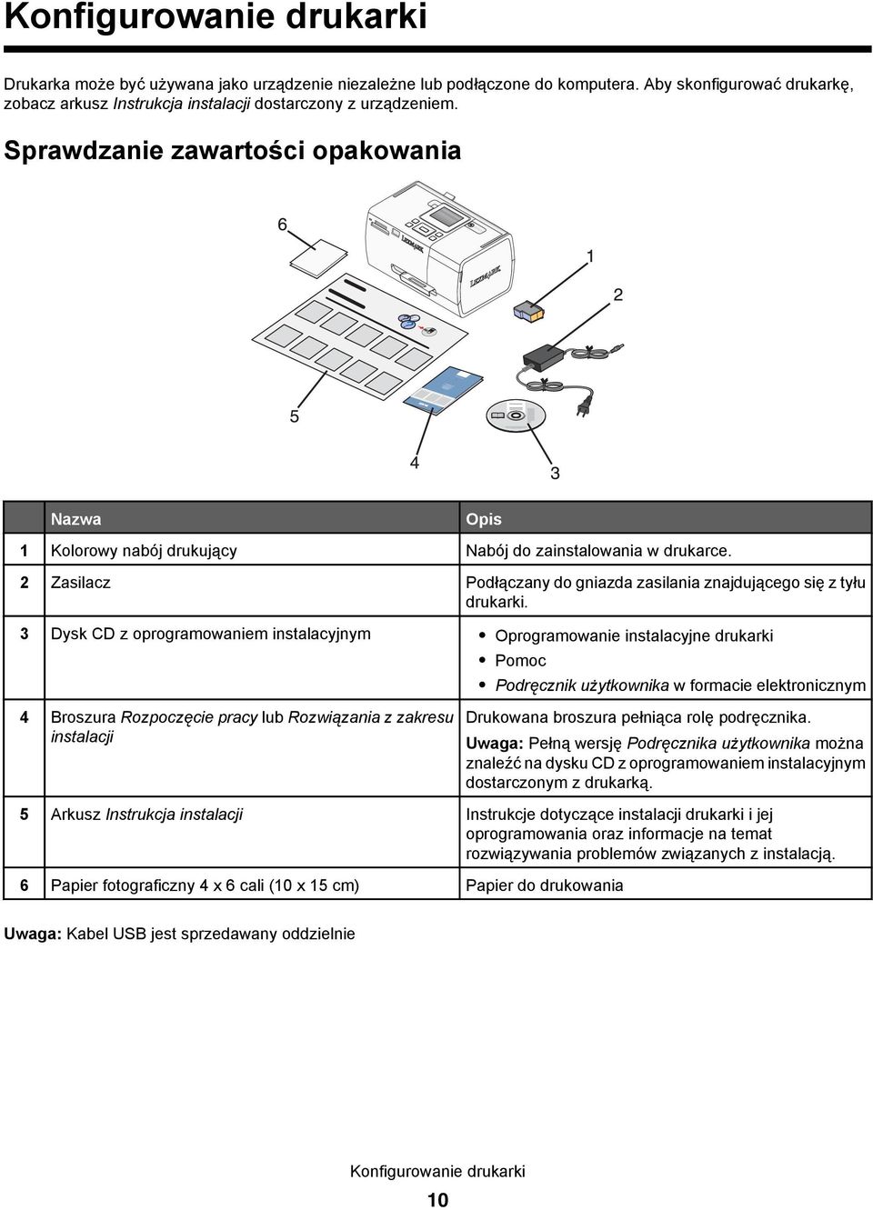 3 Dysk CD z oprogramowaniem instalacyjnym Oprogramowanie instalacyjne drukarki Pomoc Podręcznik użytkownika w formacie elektronicznym 4 Broszura Rozpoczęcie pracy lub Rozwiązania z zakresu instalacji