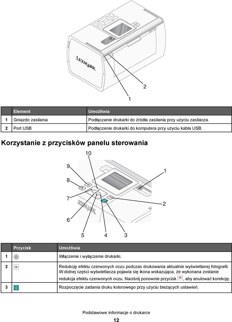 Korzystanie z przycisków panelu sterowania Przycisk Umożliwia 1 Włączenie i wyłączenie drukarki.