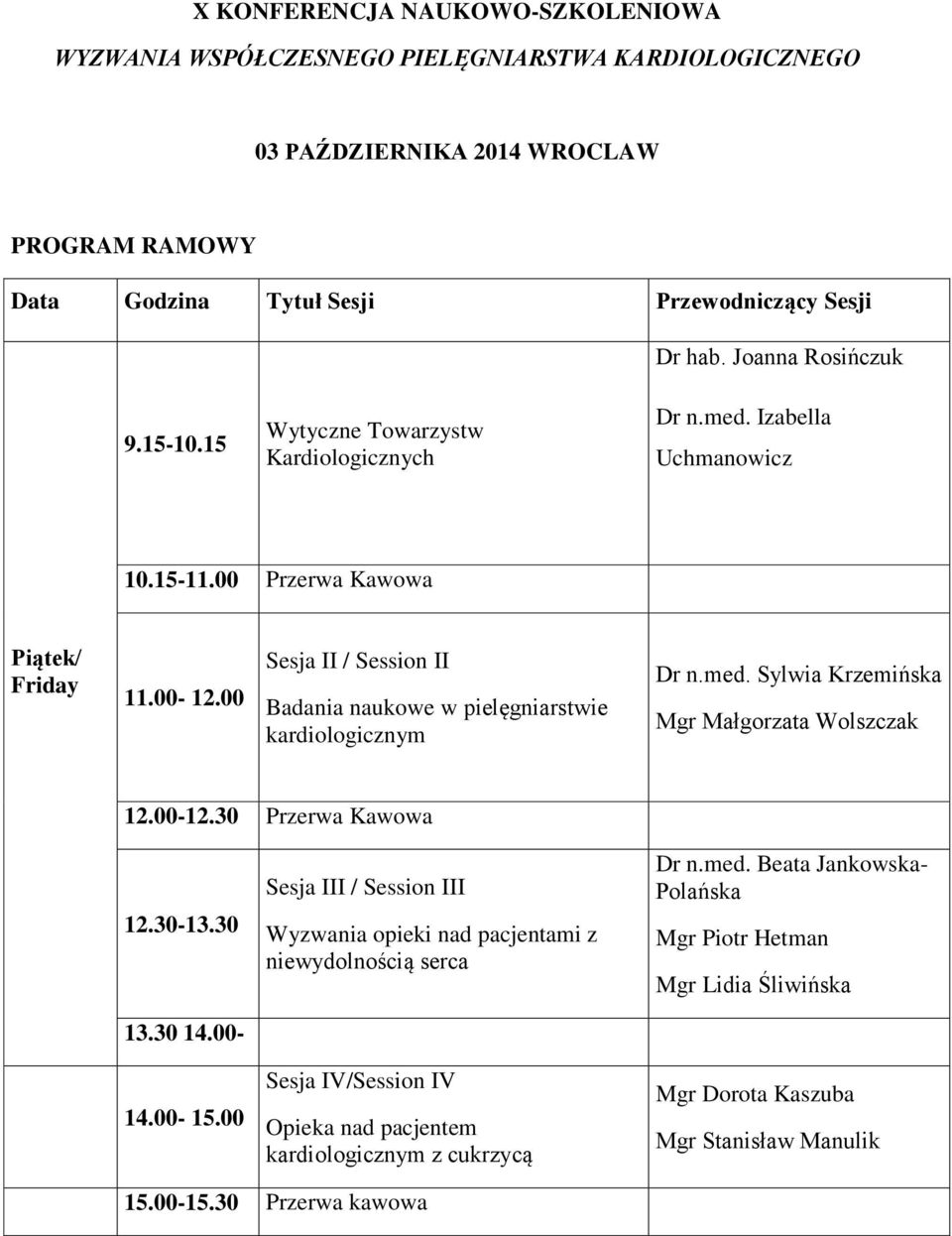 00 Sesja II / Session II Badania naukowe w pielęgniarstwie kardiologicznym Dr n.med. Sylwia Krzemińska Mgr Małgorzata Wolszczak 12.00-12.30 Przerwa Kawowa 12.30-13.30 13.30 14.00-14.00-15.