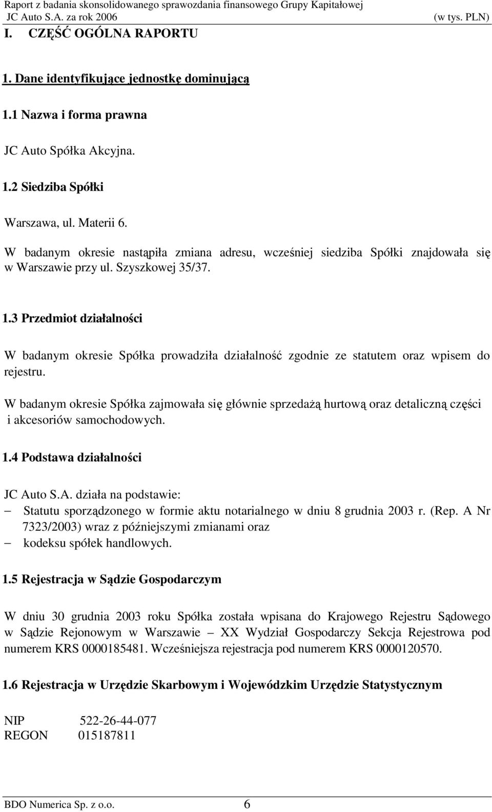 3 Przedmiot działalności W badanym okresie Spółka prowadziła działalność zgodnie ze statutem oraz wpisem do rejestru.
