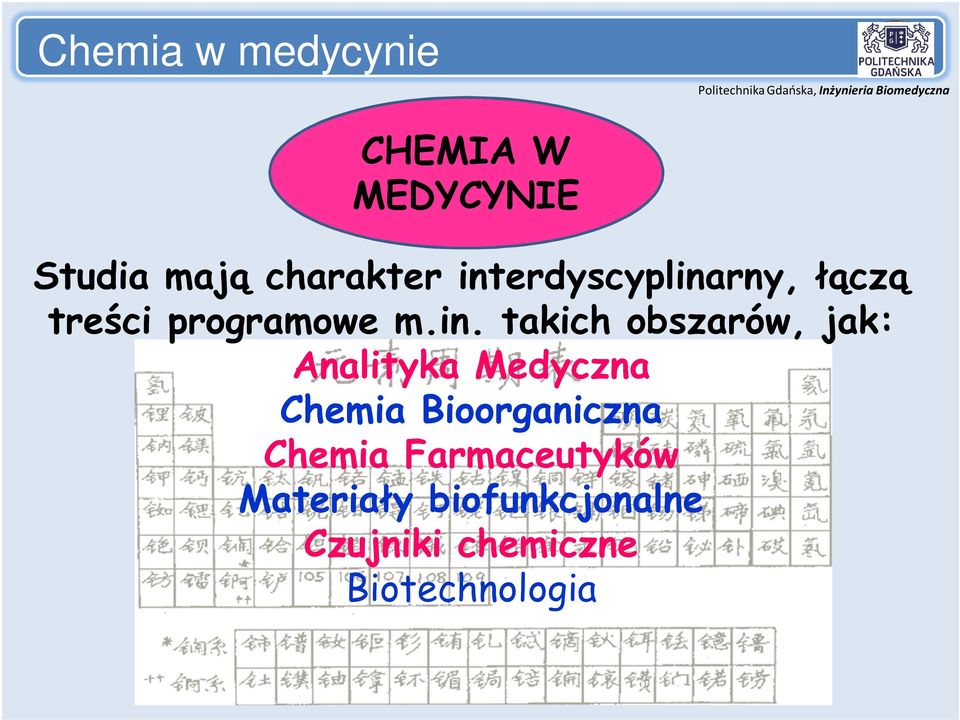 obszarów, jak: Analityka Medyczna Chemia Bioorganiczna