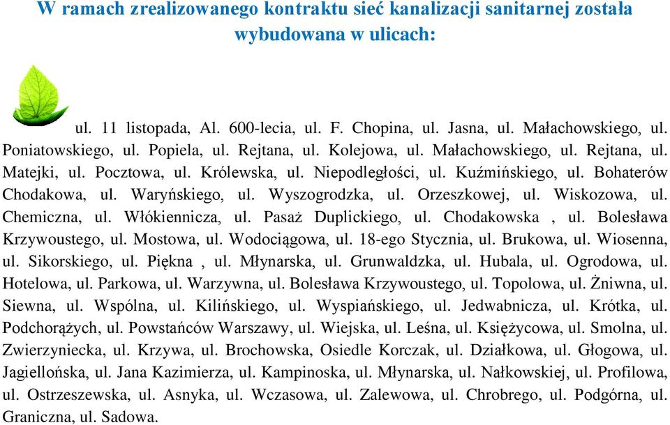 Wyszogrodzka, ul. Orzeszkowej, ul. Wiskozowa, ul. Chemiczna, ul. Włókiennicza, ul. Pasaż Duplickiego, ul. Chodakowska, ul. Bolesława Krzywoustego, ul. Mostowa, ul. Wodociągowa, ul.