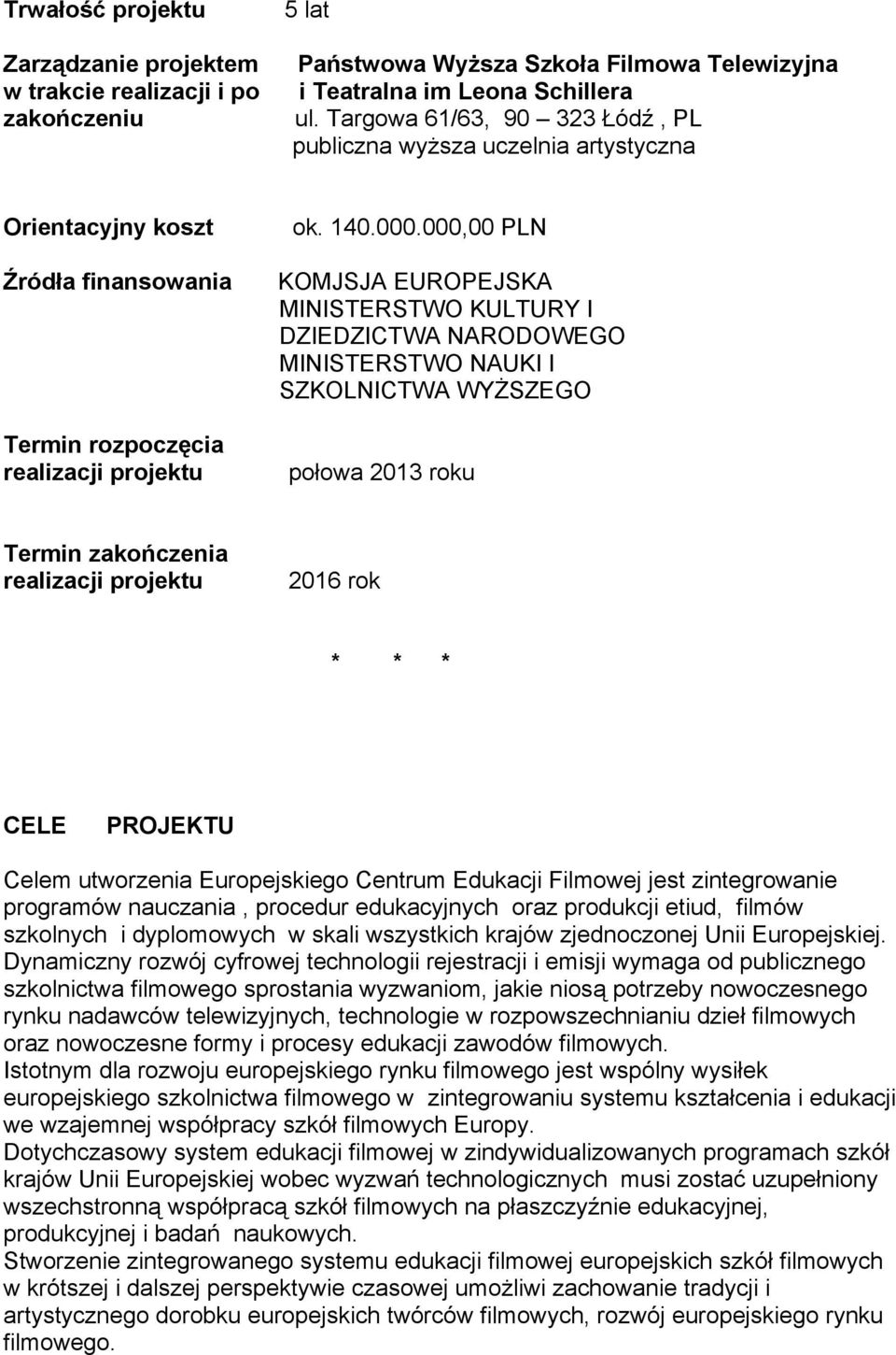 000,00 PLN KOMJSJA EUROPEJSKA MINISTERSTWO KULTURY I DZIEDZICTWA NARODOWEGO MINISTERSTWO NAUKI I SZKOLNICTWA WYŻSZEGO połowa 2013 roku Termin zakończenia realizacji projektu 2016 rok * * * CELE