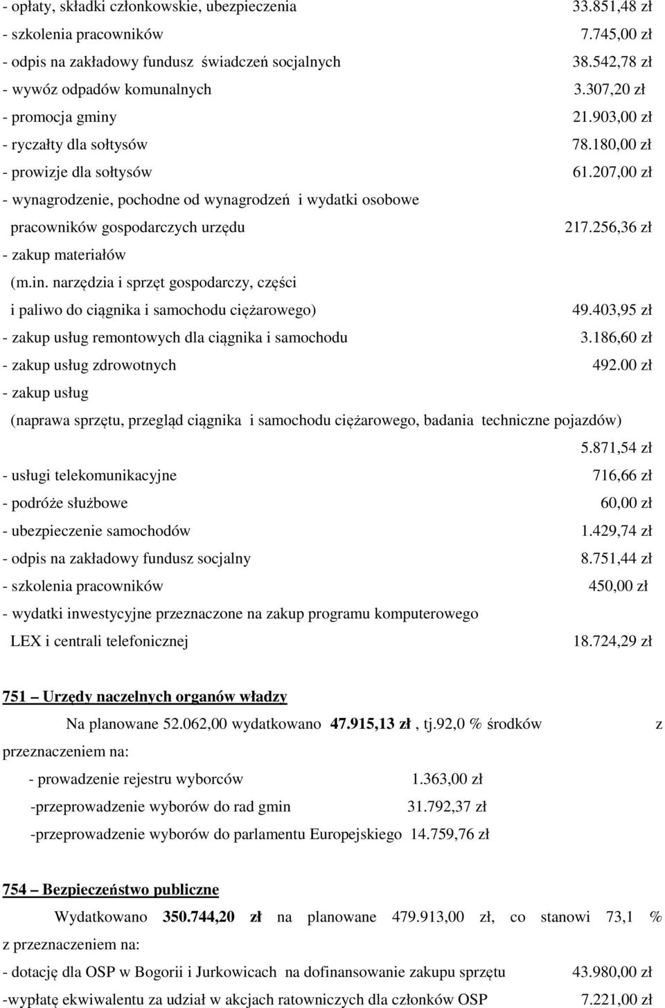 207,00 zł - wynagrodzenie, pochodne od wynagrodzeń i wydatki osobowe pracowników gospodarczych urzędu 217.256,36 zł - zakup materiałów (m.in.