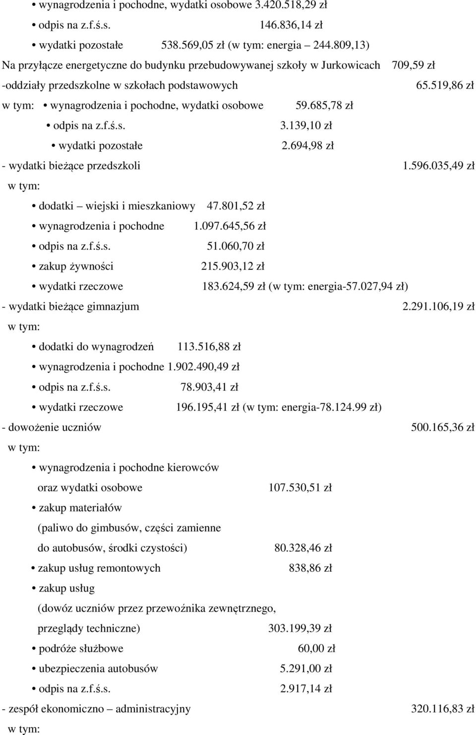 685,78 zł odpis na z.f.ś.s. 3.139,10 zł wydatki pozostałe 2.694,98 zł - wydatki bieżące przedszkoli 1.596.035,49 zł dodatki wiejski i mieszkaniowy 47.801,52 zł wynagrodzenia i pochodne 1.097.