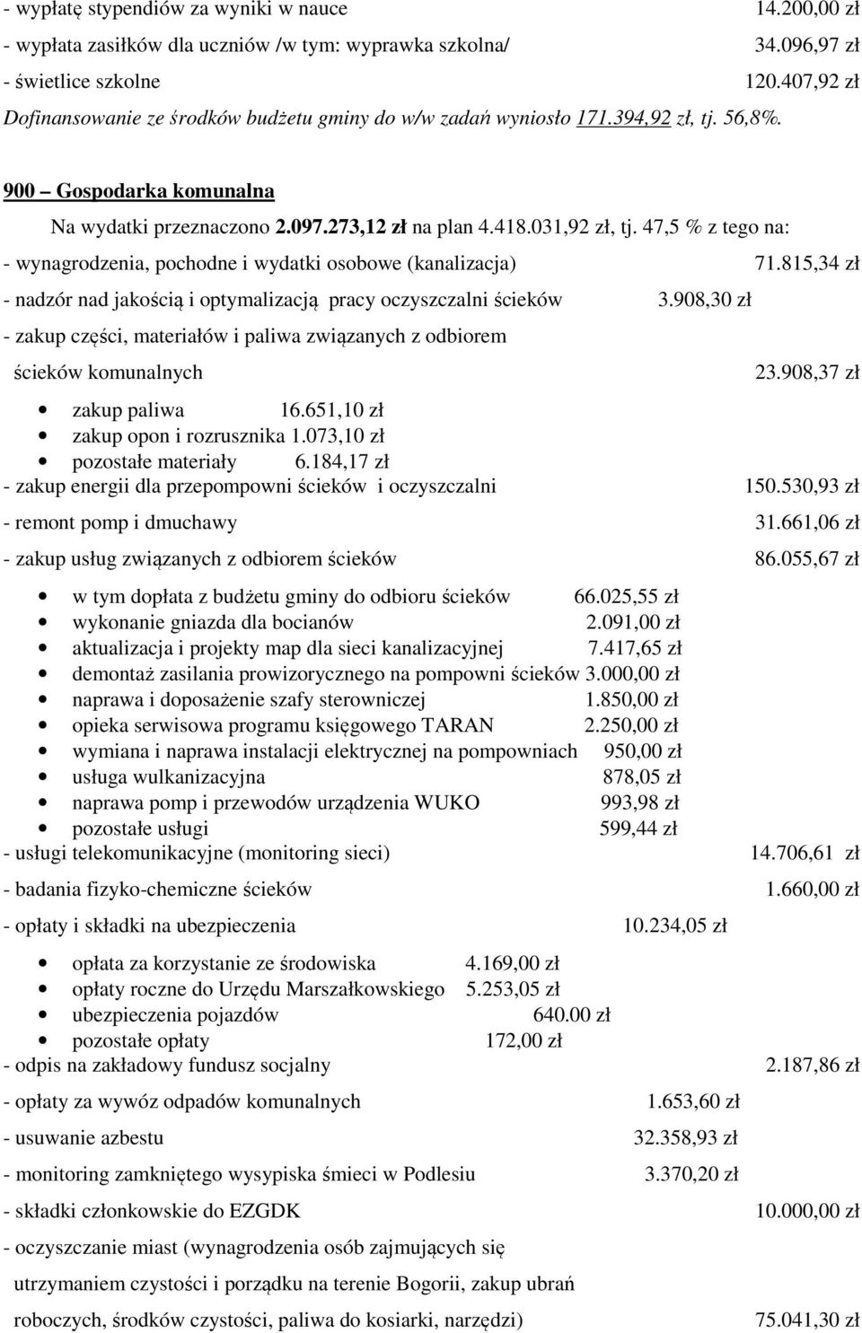 47,5 % z tego na: - wynagrodzenia, pochodne i wydatki osobowe (kanalizacja) 71.815,34 zł - nadzór nad jakością i optymalizacją pracy oczyszczalni ścieków 3.