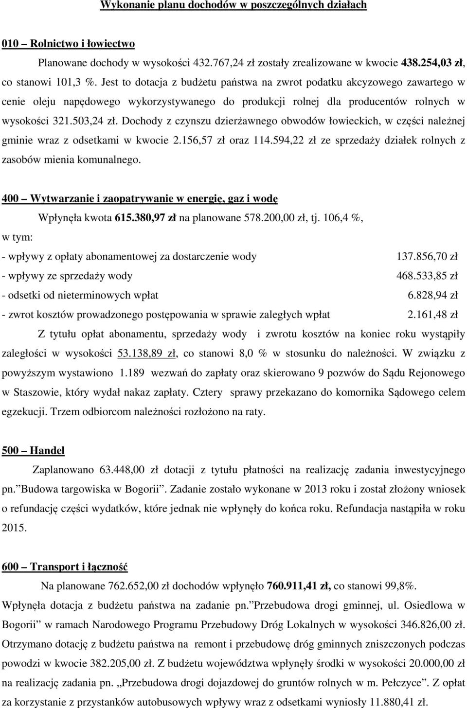 Dochody z czynszu dzierżawnego obwodów łowieckich, w części należnej gminie wraz z odsetkami w kwocie 2.156,57 zł oraz 114.594,22 zł ze sprzedaży działek rolnych z zasobów mienia komunalnego.