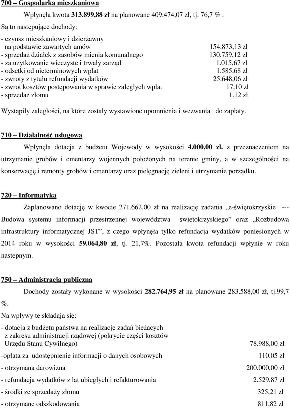 585,68 zł - zwroty z tytułu refundacji wydatków 25.648,06 zł - zwrot kosztów postępowania w sprawie zaległych wpłat 17,10 zł - sprzedaż złomu 1.