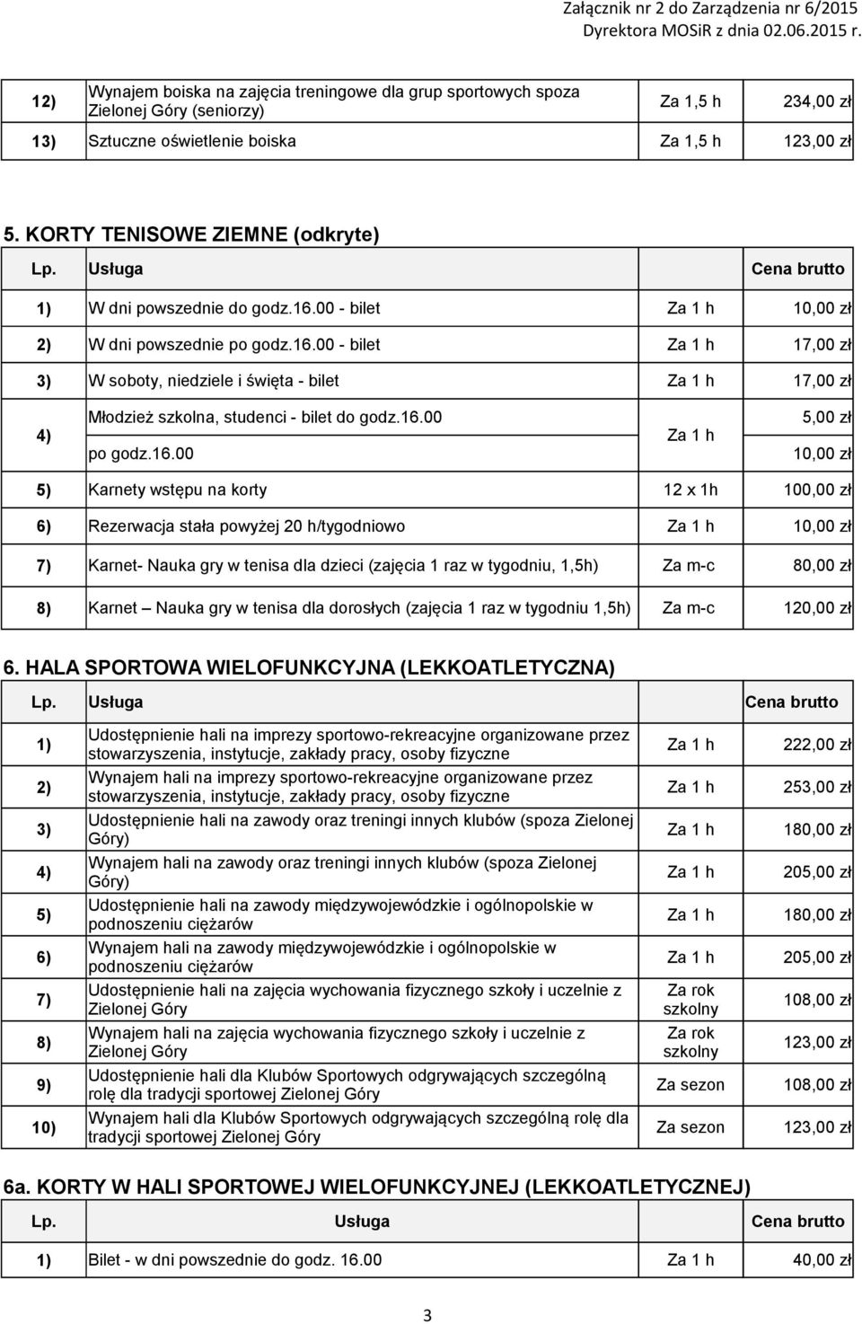 16.00 po godz.16.00 Za 1 h 5,00 zł 10,00 zł Karnety wstępu na korty 12 x 1h 100,00 zł 6) Rezerwacja stała powyżej 20 h/tygodniowo Za 1 h 10,00 zł 7) Karnet- Nauka gry w tenisa dla dzieci (zajęcia 1