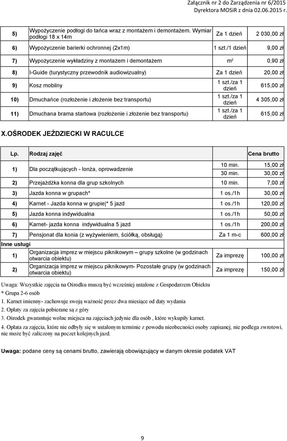 /za 1 dzień 615,00 zł 10) Dmuchańce (rozłożenie i złożenie bez transportu) 1 szt./za 1 dzień 4 305,00 zł 11) Dmuchana brama startowa (rozłożenie i złożenie bez transportu) 1 szt.