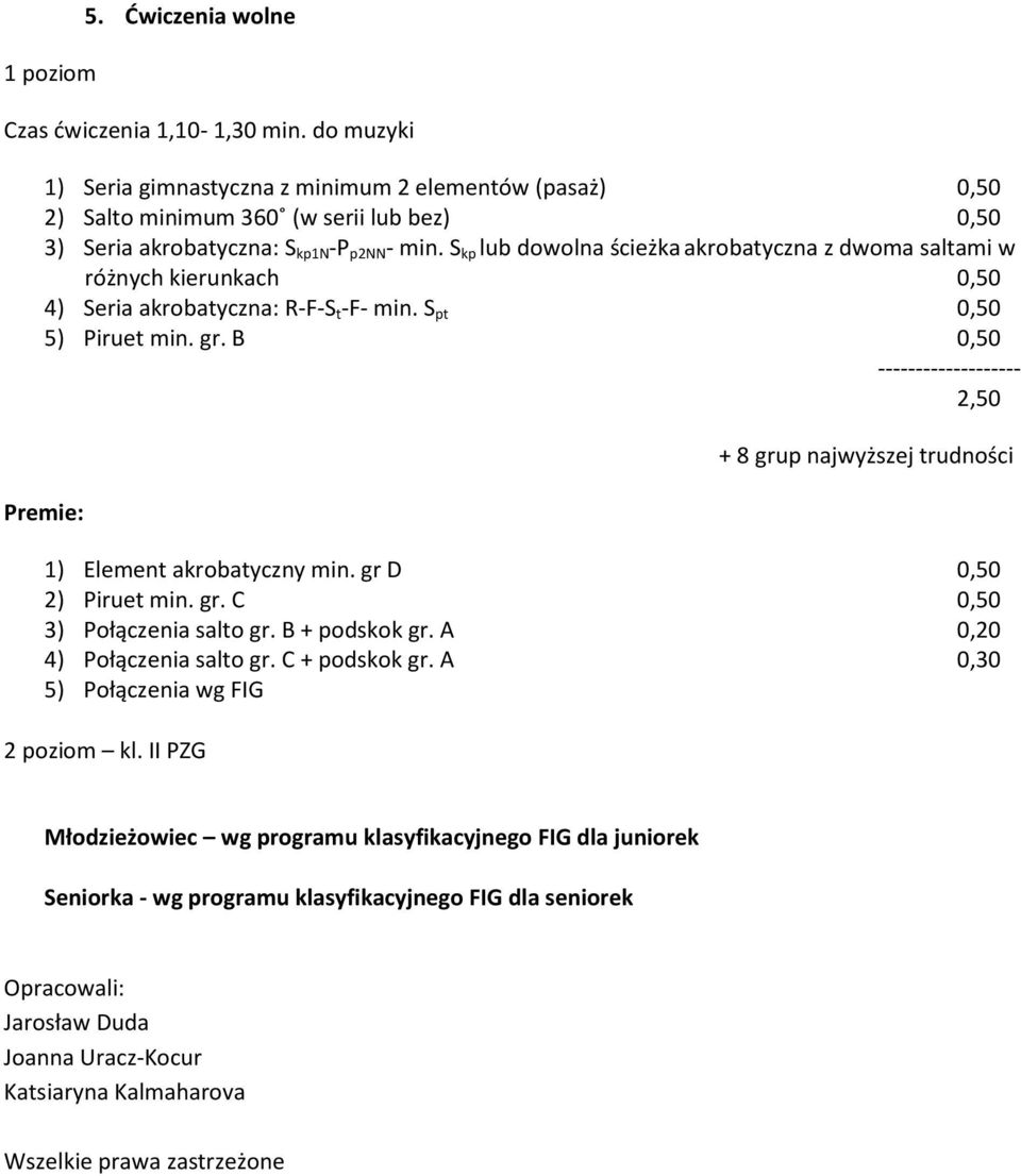 S kp lub dowolna ścieżka akrobatyczna z dwoma saltami w różnych kierunkach 0,50 4) Seria akrobatyczna: R-F-S t -F- min. S pt 0,50 5) Piruet min. gr.