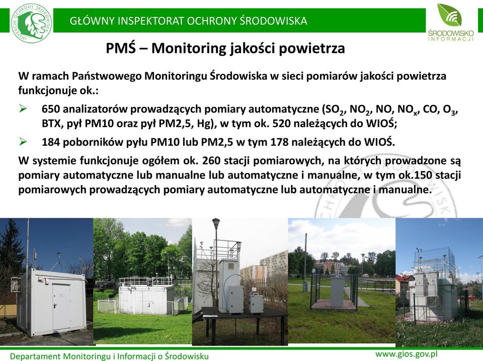 520 należących do WIOŚ; 184 poborników pyłu PM10 lub PM2,5 w tym 178 należących do WIOŚ. W systemie funkcjonuje ogółem ok.