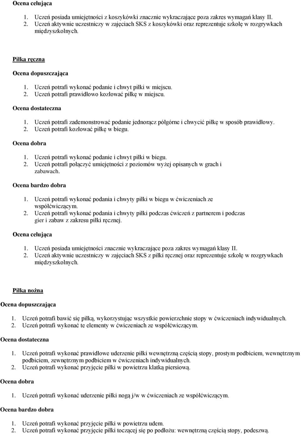 Ucze potrafi prawidłowo kozłować piłk w miejscu. 1. Ucze potrafi zademonstrować podanie jednor cz półgórne i chwycić piłk w sposób prawidłowy. 2. Ucze potrafi kozłować piłk w biegu. 1. Ucze potrafi wykonać podanie i chwyt piłki w biegu.