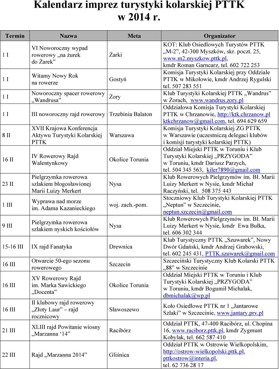 rowerowy Trzebinia Balaton 8 II 16 II 23 II 1 III 9 III XVII Krajowa Konferencja Aktywu Turystyki Kolarskiej PTTK IV Rowerowy Rajd Walentynkowy szlakiem błogosławionej Marii Luizy Merkert Wyprawa nad
