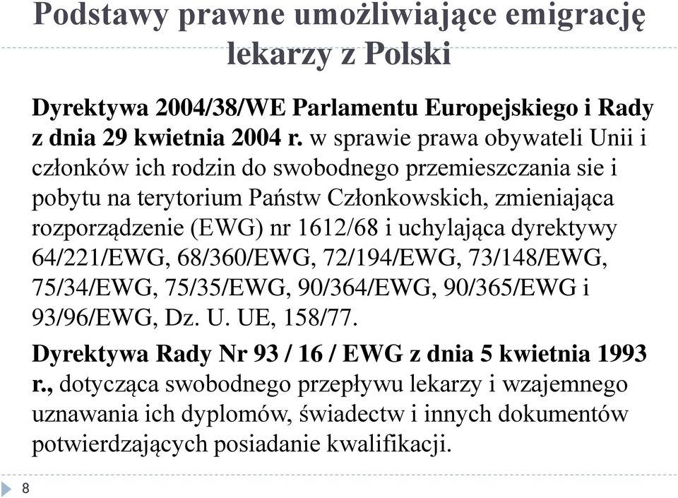 1612/68 i uchylająca dyrektywy 64/221/EWG, 68/360/EWG, 72/194/EWG, 73/148/EWG, 75/34/EWG, 75/35/EWG, 90/364/EWG, 90/365/EWG i 93/96/EWG, Dz. U. UE, 158/77.