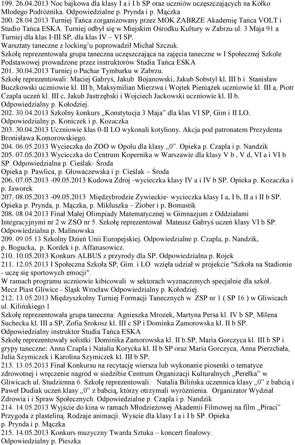 Szkołę reprezentowała grupa taneczna uczęszczająca na zajęcia taneczne w I Społecznej Szkole Podstawowej prowadzone przez instruktorów Studia Tańca ESKA 201. 30.04.