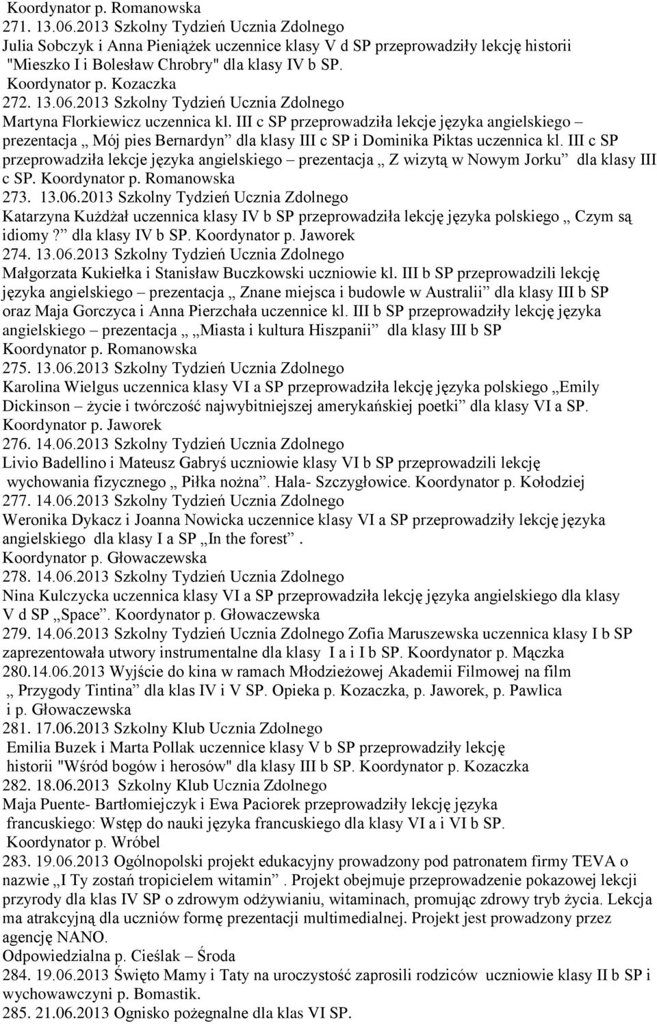13.06.2013 Szkolny Tydzień Ucznia Zdolnego Martyna Florkiewicz uczennica kl.