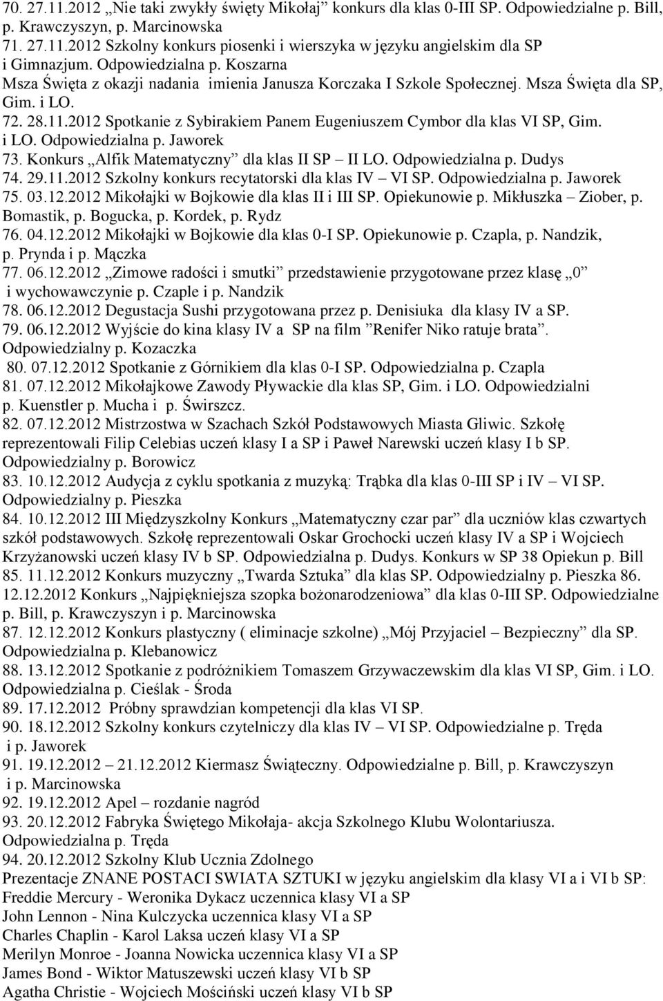 2012 Spotkanie z Sybirakiem Panem Eugeniuszem Cymbor dla klas VI SP, Gim. i LO. Odpowiedzialna p. Jaworek 73. Konkurs Alfik Matematyczny dla klas II SP II LO. Odpowiedzialna p. Dudys 74. 29.11.