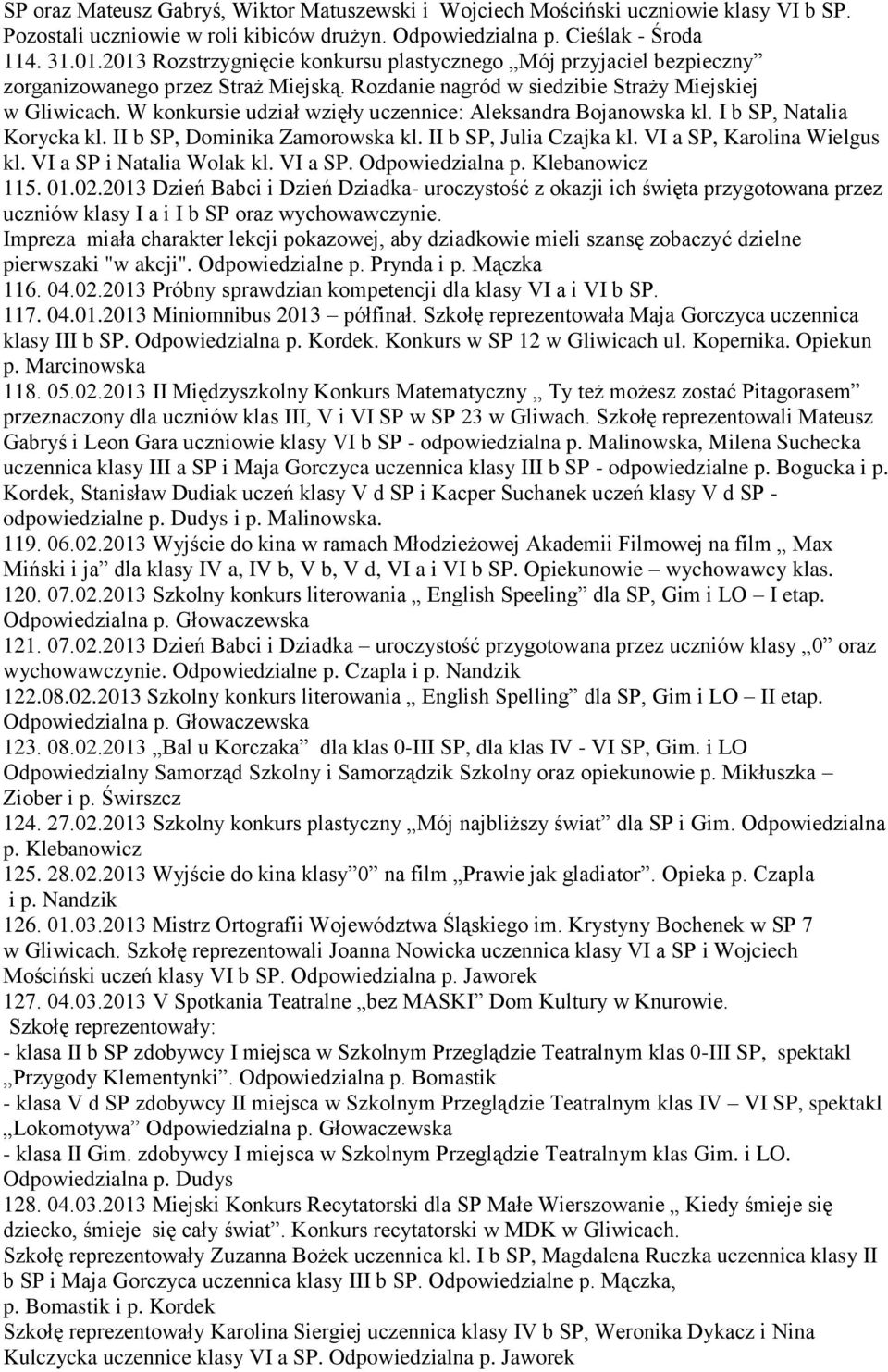 W konkursie udział wzięły uczennice: Aleksandra Bojanowska kl. I b SP, Natalia Korycka kl. II b SP, Dominika Zamorowska kl. II b SP, Julia Czajka kl. VI a SP, Karolina Wielgus kl.