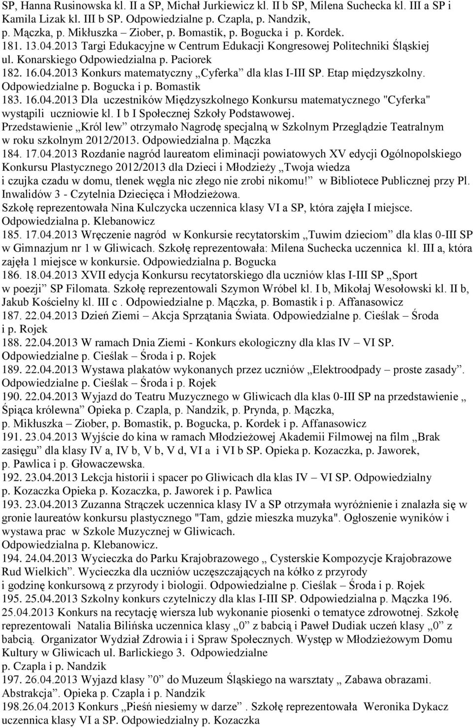 Etap międzyszkolny. Odpowiedzialne p. Bogucka i p. Bomastik 183. 16.04.2013 Dla uczestników Międzyszkolnego Konkursu matematycznego "Cyferka" wystąpili uczniowie kl.