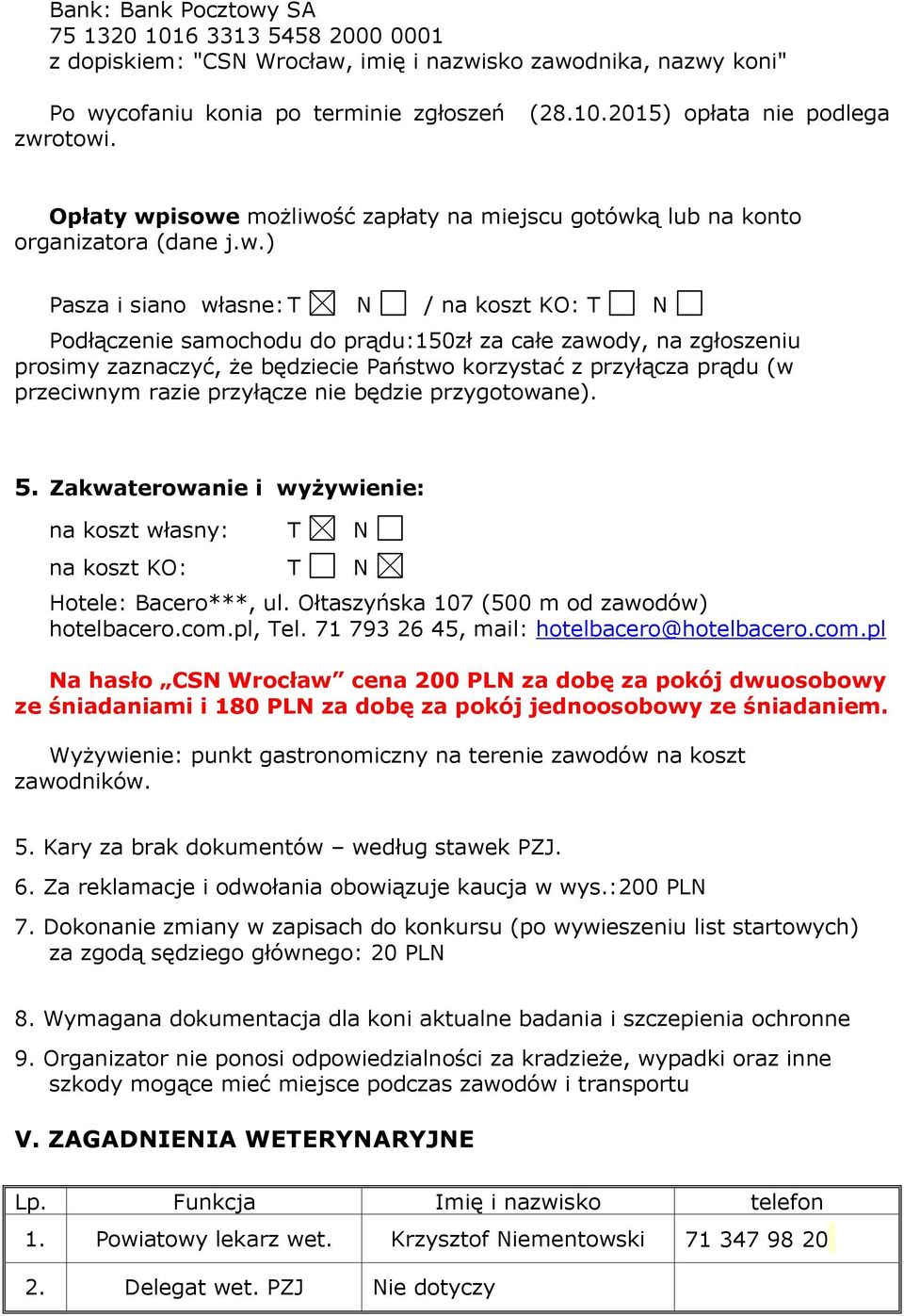 razie przyłącze nie będzie przygotowane). 5. Zakwaterowanie i wyżywienie: na koszt własny: T N na koszt KO: T N Hotele: Bacero***, ul. Ołtaszyńska 107 (500 m od zawodów) hotelbacero.com.pl, Tel.