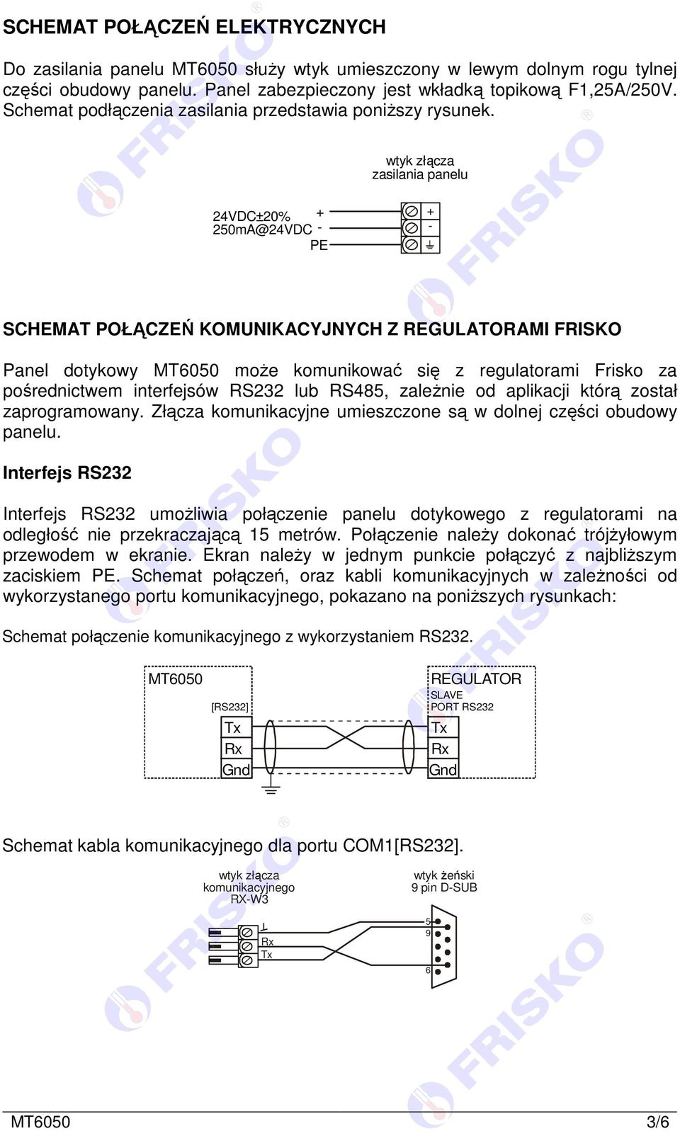 wtyk złącza zasilania panelu 24VDC±2 0% + 250m@24VDC - PE + - SCHEMT POŁĄCZEŃ KOMUNIKCYJNYCH Z REGULTORMI FRISKO Panel dotykowy MT6050 moŝe komunikować się z regulatorami Frisko za pośrednictwem