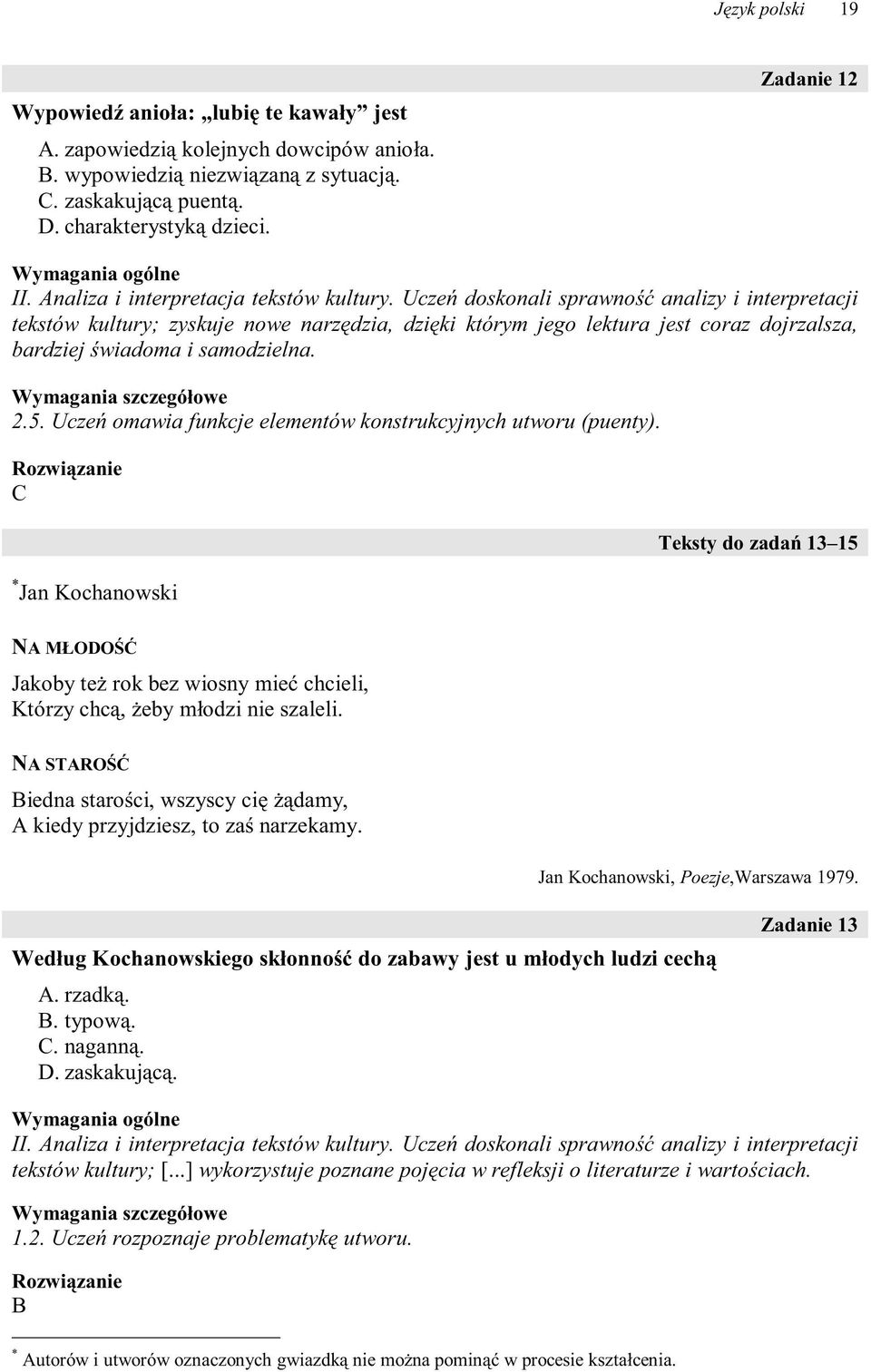 Uczeń omawia funkcje elementów konstrukcyjnych utworu (puenty). C * Jan Kochanowski Teksty do zadań 13 15 NA MŁODOŚĆ Jakoby też rok bez wiosny mieć chcieli, Którzy chcą, żeby młodzi nie szaleli.