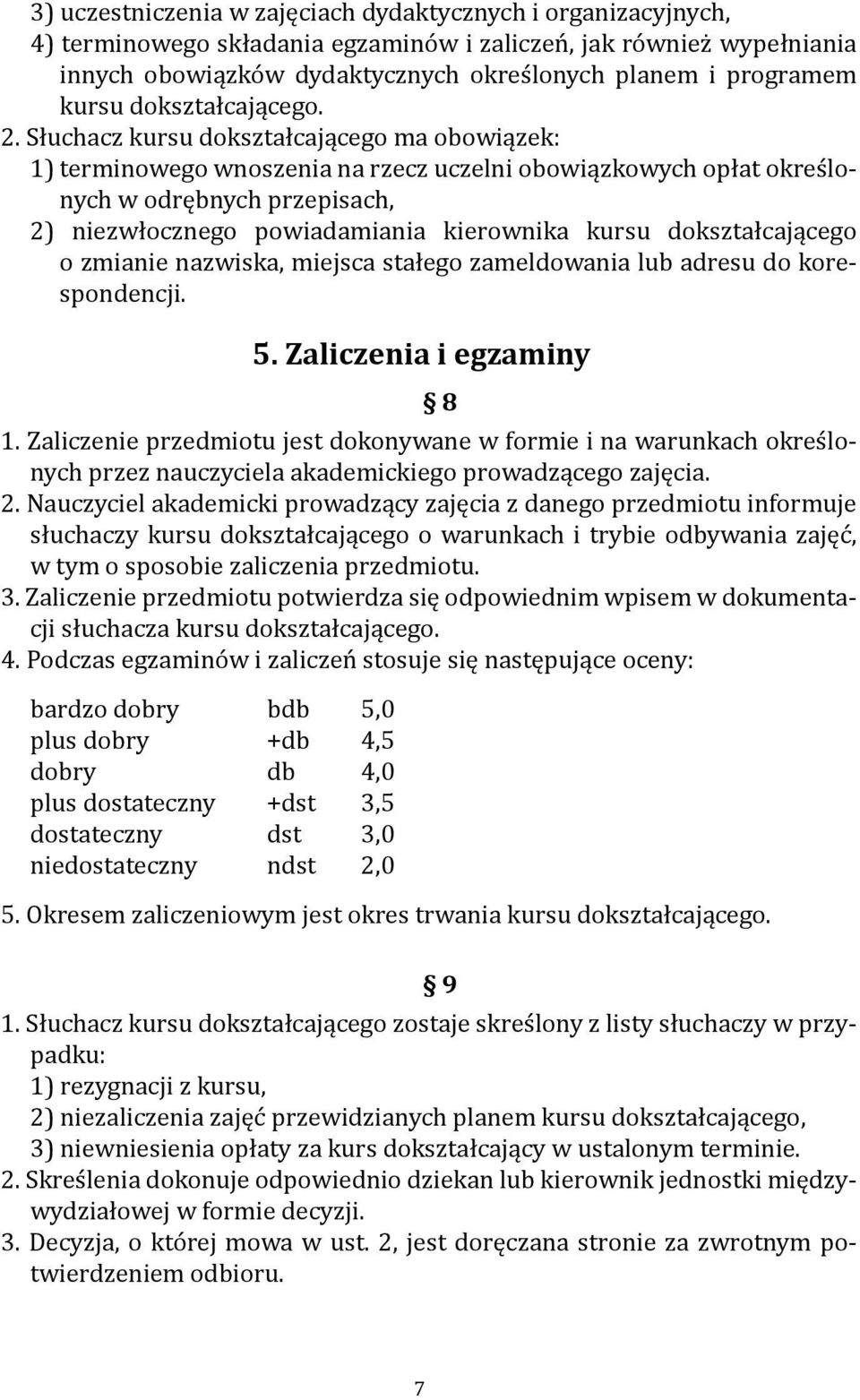 Słuchacz kursu dokształcającego ma obowiązek: 1) terminowego wnoszenia na rzecz uczelni obowiązkowych opłat określonych w odrębnych przepisach, 2) niezwłocznego powiadamiania kierownika kursu