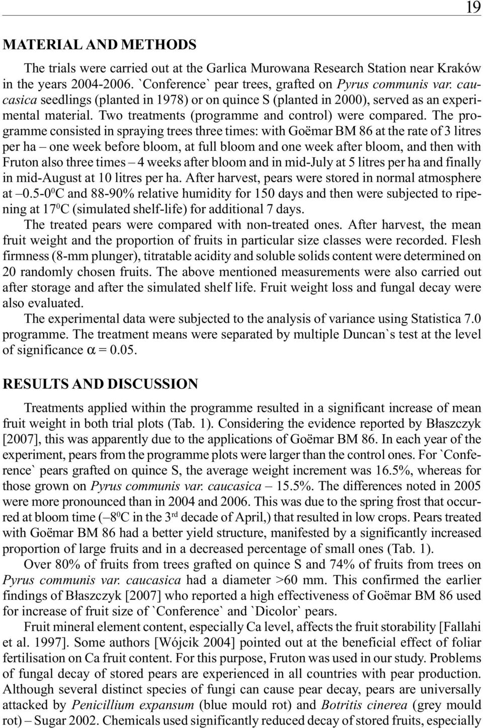 The progrmme consisted in sprying trees three times: with Goëmr BM 86 t the rte of 3 litres per h one week before bloom, t full bloom nd one week fter bloom, nd then with Fruton lso three times 4