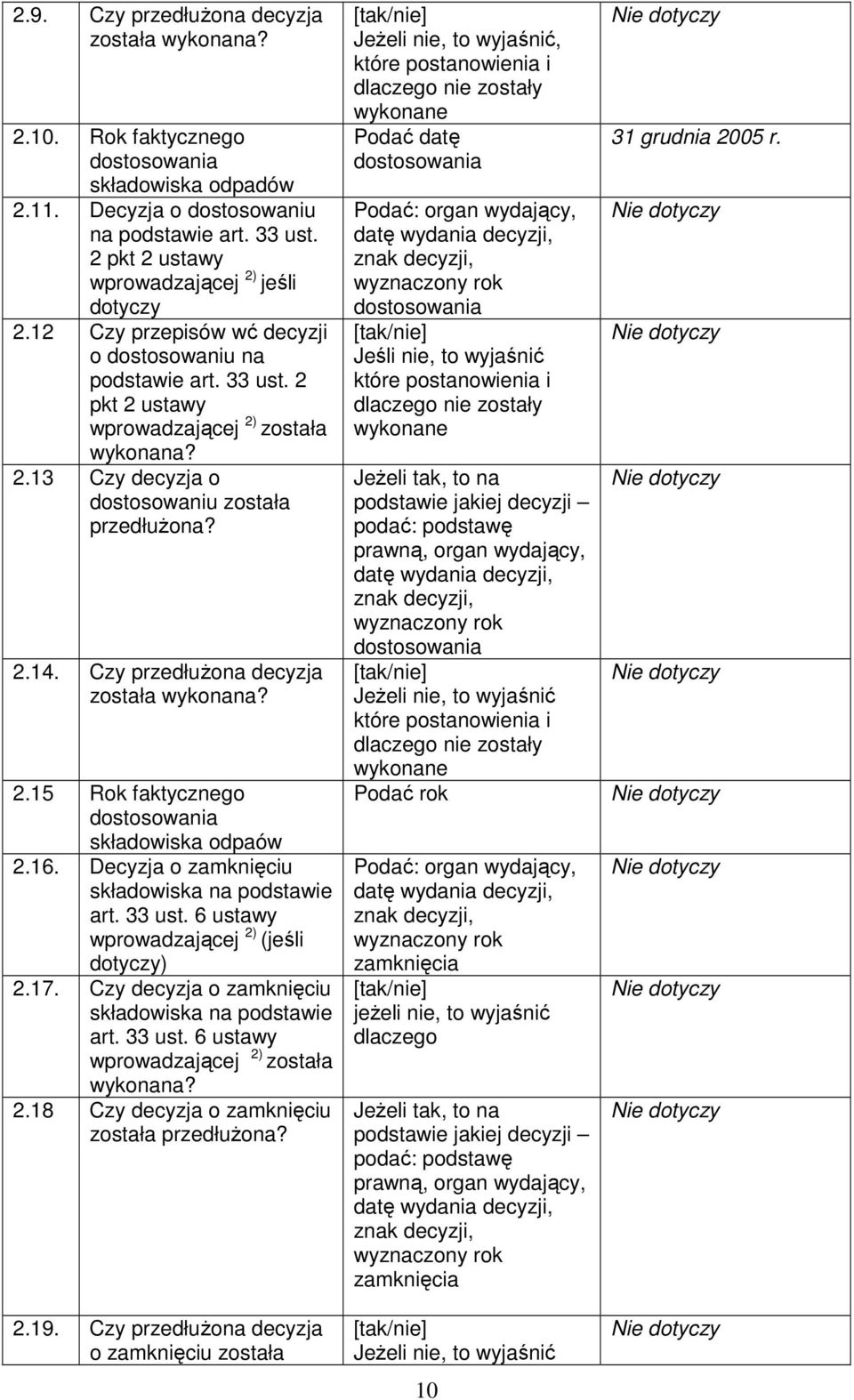Czy przedłuŝona decyzja została wykonana? 2.15 Rok faktycznego dostosowania składowiska odpaów 2.16. Decyzja o zamknięciu składowiska na podstawie art. 33 ust.