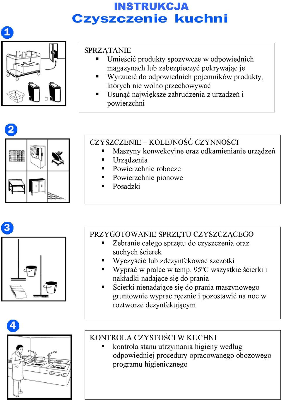 PRZYGOTOWANIE SPRZĘTU CZYSZCZĄCEGO Zebranie całego sprzętu do czyszczenia oraz suchych ścierek Wyczyścić lub zdezynfekować szczotki Wyprać w pralce w temp.