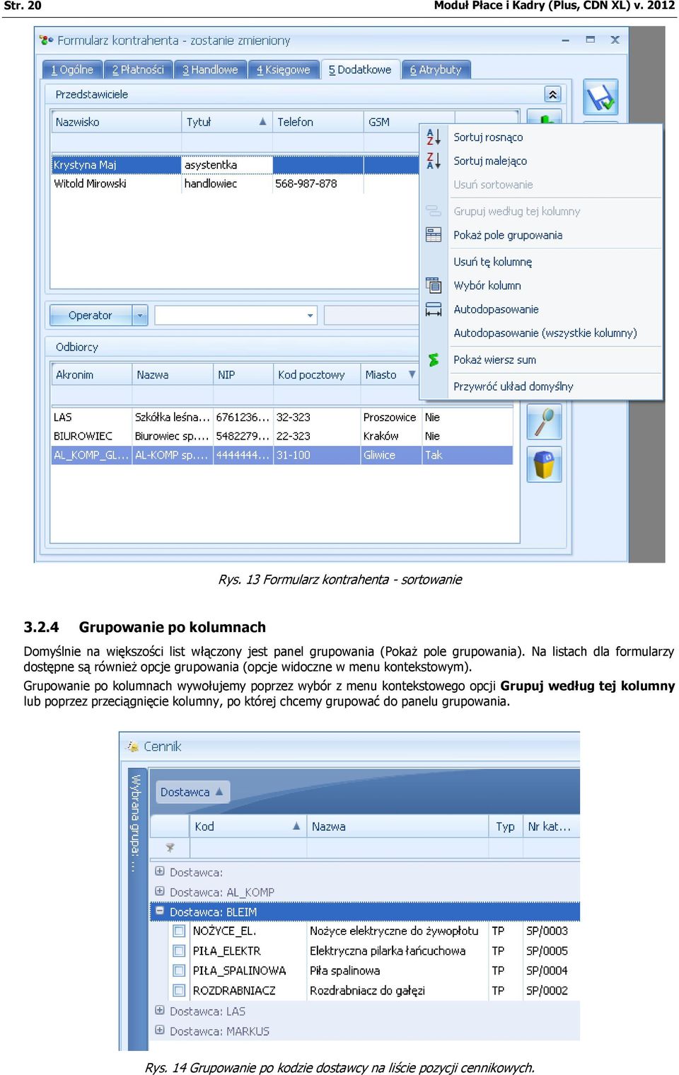 Grupowanie po kolumnach wywołujemy poprzez wybór z menu kontekstowego opcji Grupuj według tej kolumny lub poprzez przeciągnięcie kolumny, po