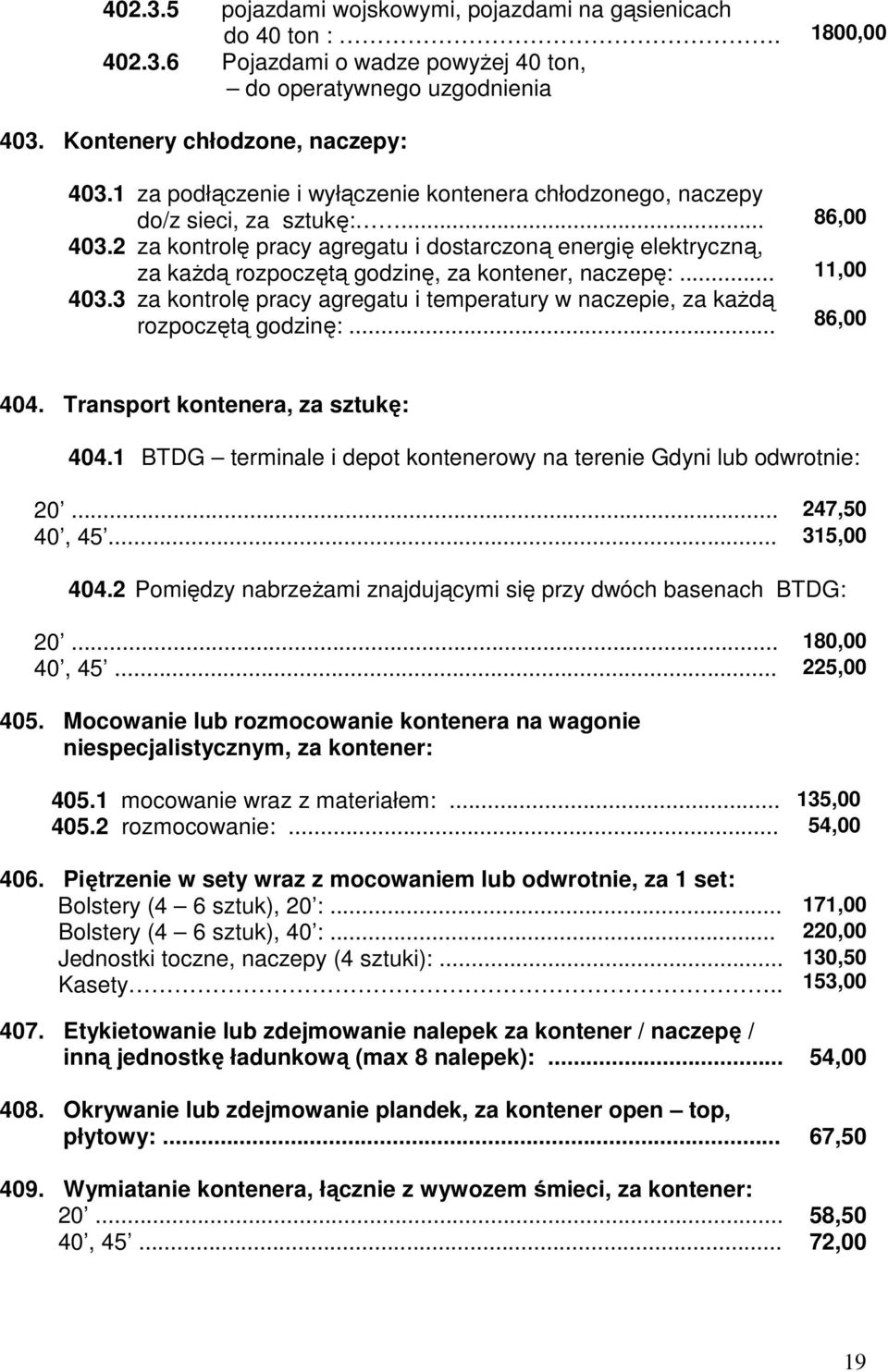 2 za kontrolę pracy agregatu i dostarczoną energię elektryczną, za kaŝdą rozpoczętą godzinę, za kontener, naczepę:... 11,00 403.