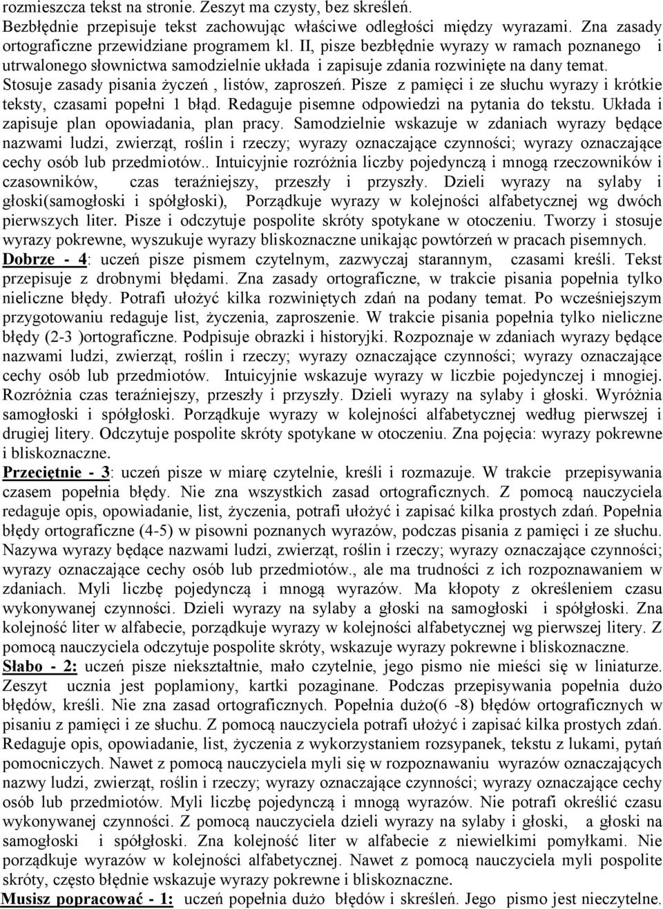 Pisze z pamięci i ze słuchu wyrazy i krótkie teksty, czasami popełni 1 błąd. Redaguje pisemne odpowiedzi na pytania do tekstu. Układa i zapisuje plan opowiadania, plan pracy.