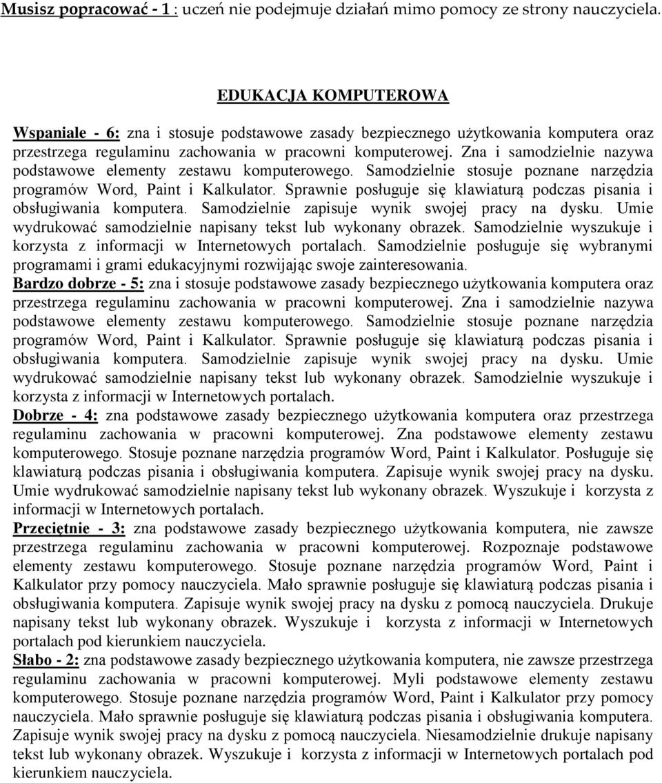 Zna i samodzielnie nazywa podstawowe elementy zestawu komputerowego. Samodzielnie stosuje poznane narzędzia programów Word, Paint i Kalkulator.