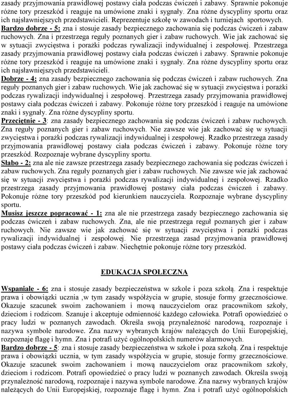 Bardzo dobrze - 5: zna i stosuje zasady bezpiecznego zachowania się podczas ćwiczeń i zabaw ruchowych. Zna i przestrzega reguły poznanych gier i zabaw ruchowych.