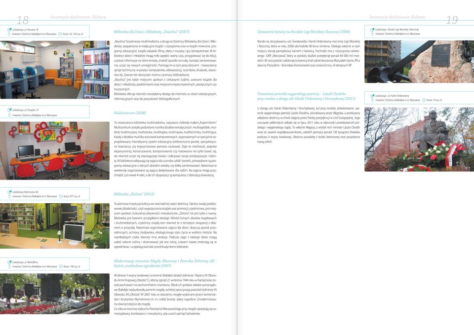 druga w Dzielnicy Biblioteka dla Dzieci i Młodzieży zaopatrzona w tradycyjne książki i czasopisma oraz w książki mówione, programy edukacyjne, książki-zabawki, filmy, płyty z muzyką i gry komputerowe.