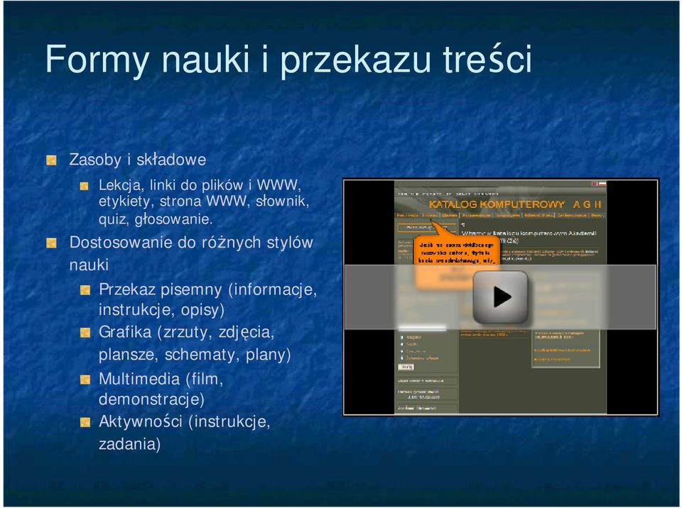 Dostosowanie do różnych stylów nauki Przekaz pisemny (informacje, instrukcje,