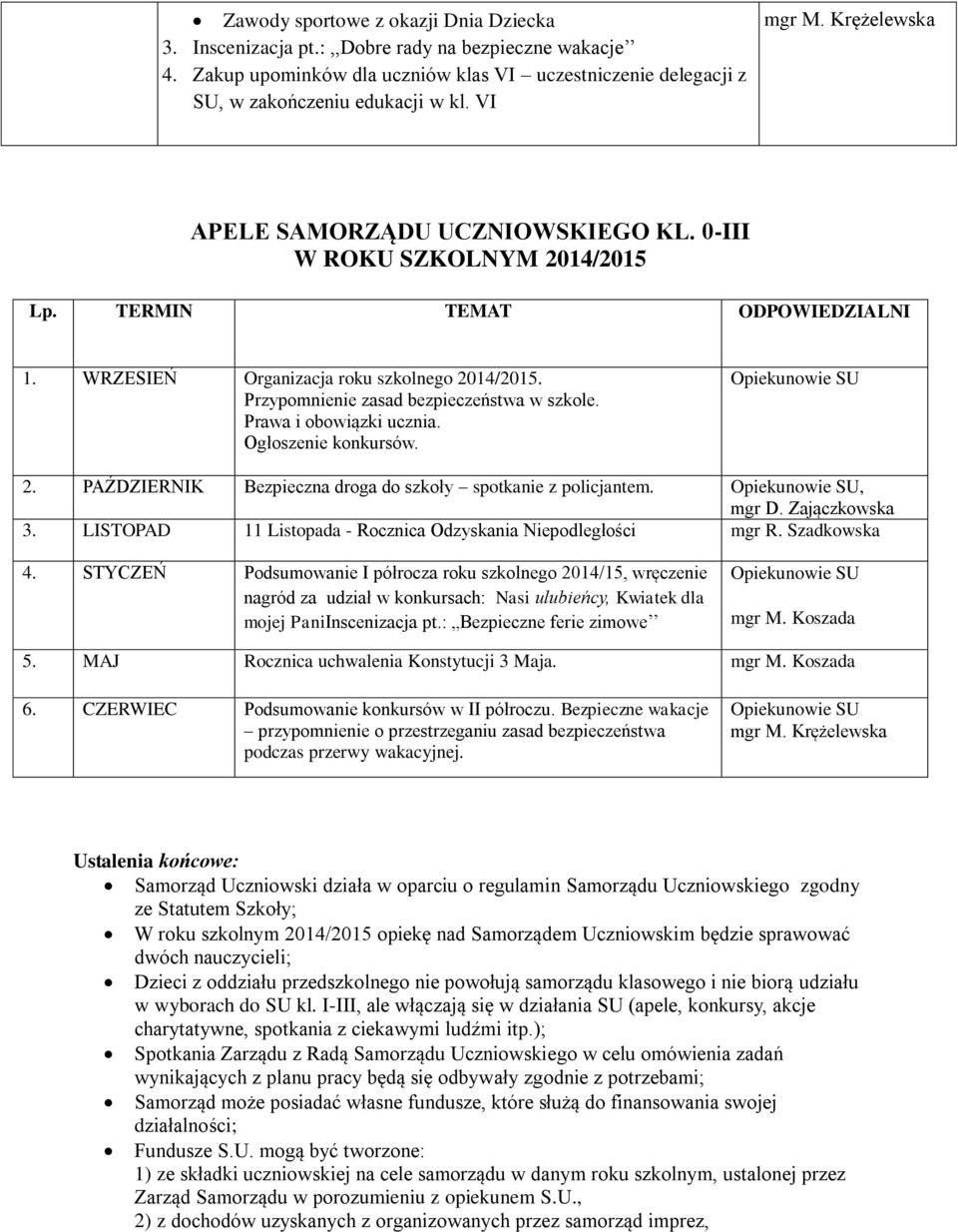 Przypomnienie zasad bezpieczeństwa w szkole. Prawa i obowiązki ucznia. Ogłoszenie konkursów. 2. PAŹDZIERNIK Bezpieczna droga do szkoły spotkanie z policjantem., mgr D. Zajączkowska 3.