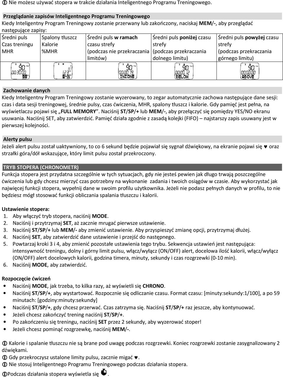 treningu MHR Spalony tłuszcz Kalorie %MHR Średni puls w ramach czasu (podczas nie przekraczania limitów) Średni puls poniżej czasu (podczas przekraczania dolnego limitu) Średni puls powyżej czasu
