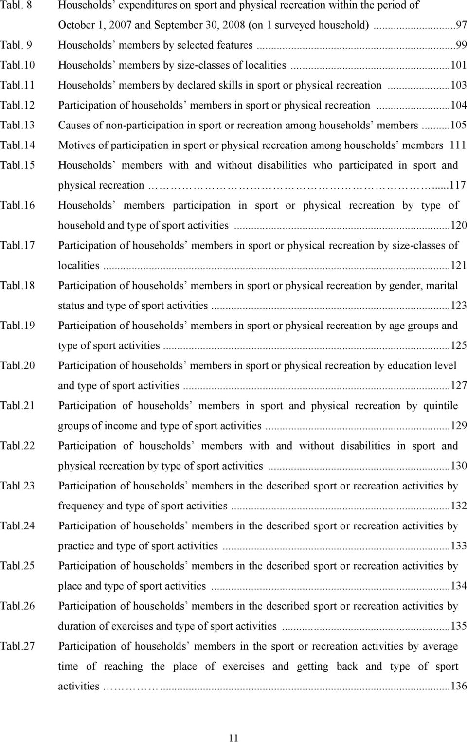 12 Participation of households members in sport or physical recreation...104 Tabl.13 Causes of non-participation in sport or recreation among households members...105 Tabl.