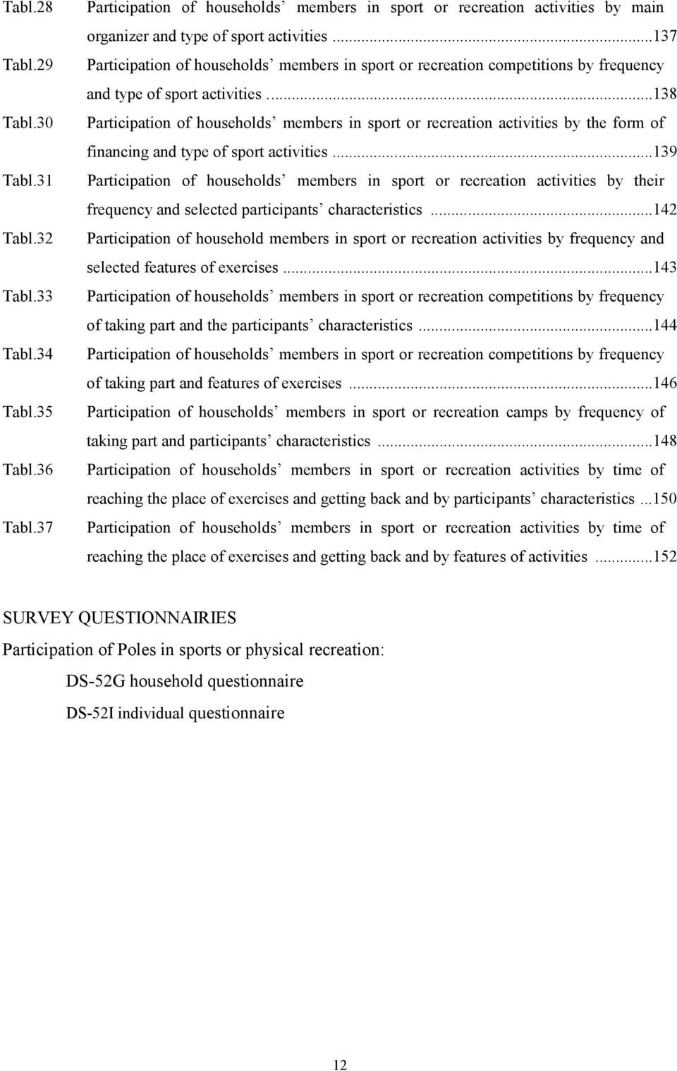 ..138 Participation of households members in sport or recreation activities by the form of financing and type of sport activities.