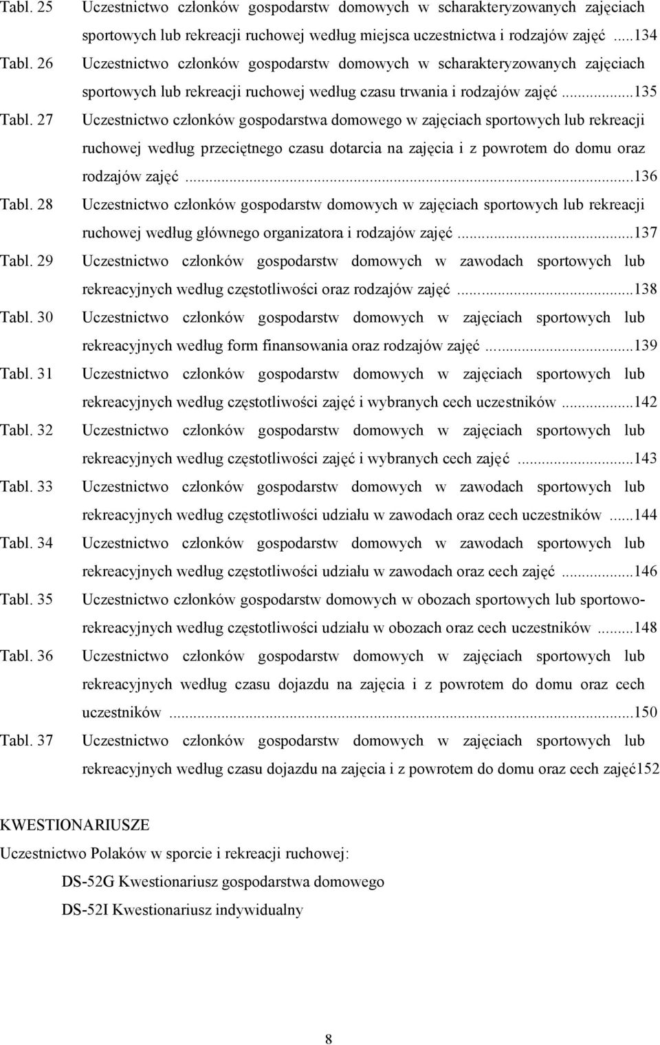 ..134 Uczestnictwo członków gospodarstw domowych w scharakteryzowanych zajęciach sportowych lub rekreacji ruchowej według czasu trwania i rodzajów zajęć.