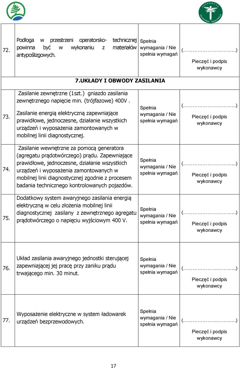 Zasilanie energią elektryczną zapewniające prawidłowe, jednoczesne, działanie wszystkich urządzeń i wyposażenia zamontowanych w mobilnej linii diagnostycznej. 74.
