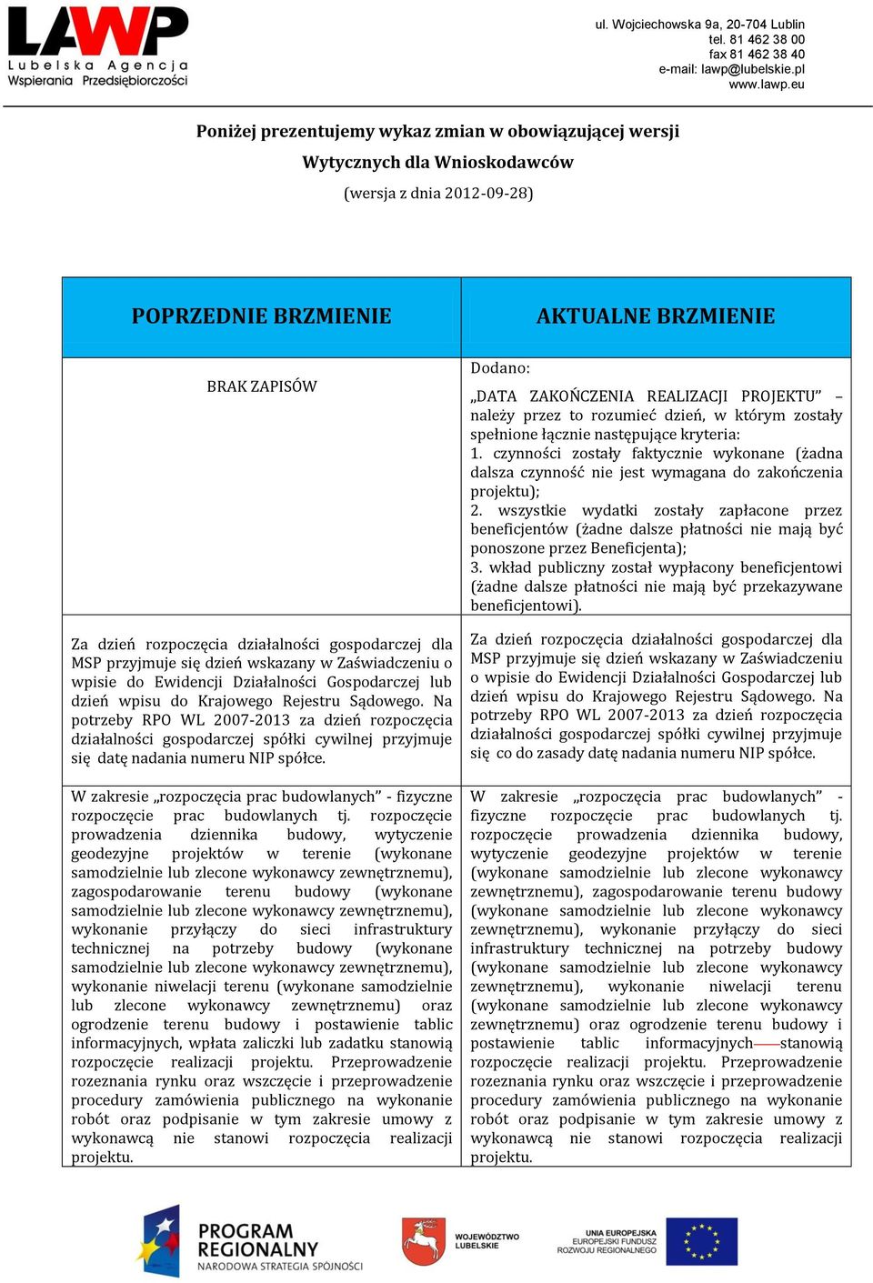 Na potrzeby RPO WL 2007-2013 za dzień rozpoczęcia działalności gospodarczej spółki cywilnej przyjmuje się datę nadania numeru NIP spółce.