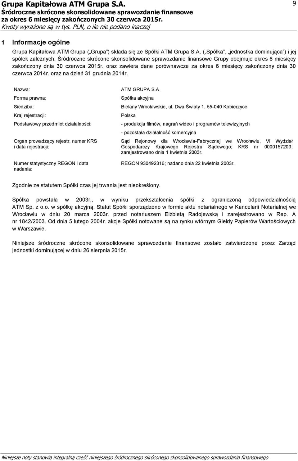 Nazwa: Forma prawna: Siedziba: Kraj rejestracji: Podstawowy przedmiot działalności: Organ prowadzący rejestr, numer KRS i data rejestracji: Numer statystyczny REGON i data nadania: AT