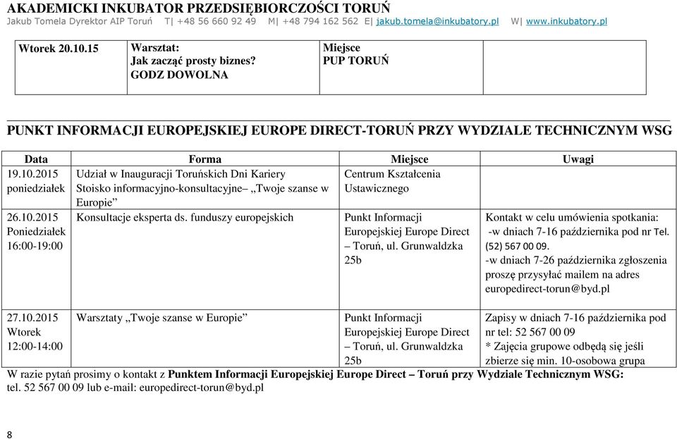 2015 Udział w Inauguracji Toruńskich Dni Kariery Stoisko informacyjno-konsultacyjne Twoje szanse w Europie Centrum Kształcenia Ustawicznego 26.10.2015 Poniedziałek 16:00-19:00 27.10.2015 Wtorek 12:00-14:00 Konsultacje eksperta ds.